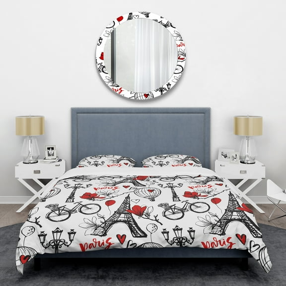 Designart 'Paris Eiffel Red Hearts I' Mid-Century Modern Duvet Cover Set