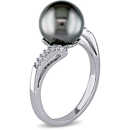 9-9.5mm Black Tahitian Pearl and Diamond-Accent 10kt White Gold Bypass Ring