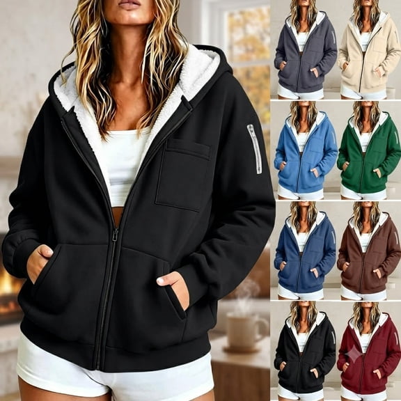 Hfnxid Women's Zip Up Hoodies Warm Fleece Jackets Solid Color Casual Sweatshirts Fall Winter Interior Hooded Jacket with Zip Pocket Red XXXXXL