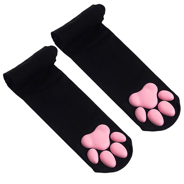calcetines de muslo de gato con almohadilla de pata de gato para mujeres calcetines de alta elasticidad de nailon con dedos de gato (negro) Par de calcetines muslo negros con almohadillas 3D rosas de gel de sílice en la suela, tejido de nailon muy elástico y tiras antideslizantes en la boca para mejor sujeción; vista frontal centrada, colocados planos sobre fondo blanco, también suelen usarse para cosplay Lolita o pijama.