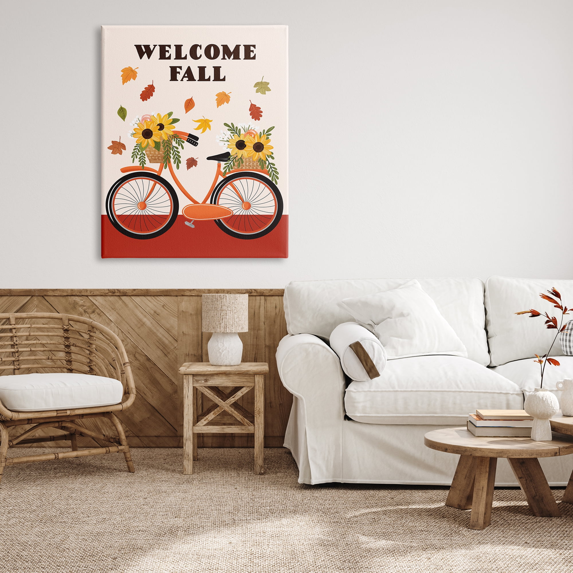 Stupell Indtries Welcome Fall Saying Orange Harvest Bicycle Sunflower Basket,36 x 48,Design by Jo Taylor