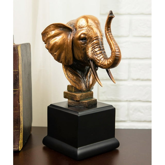 Safari Auspicious African Elephant With Trunk Raised Bronzed Statue With Base