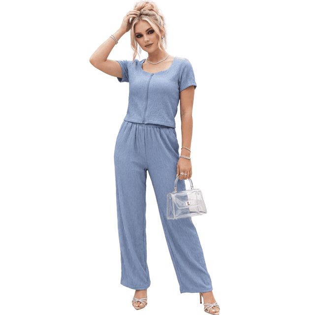 Conjunto 2 Piezas, Blusa Ajustada con Cuello y Pantalón Amplio con Bolsillos, Estilo Elegante y Moderno para Mujer