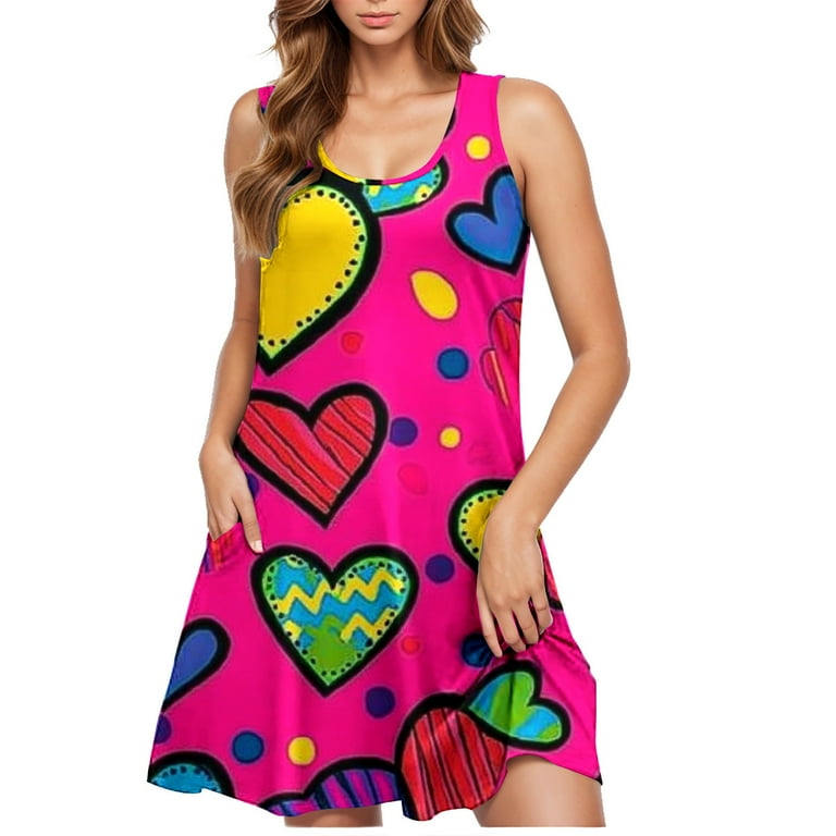 valentine's day plus size bodycon dress Viikei Womens Dresses Plus Size Clearance Sales,Valentine's Day Women  Casual Plus-size Sleeveless Crew Neck Print Short Dress Hot Pink M