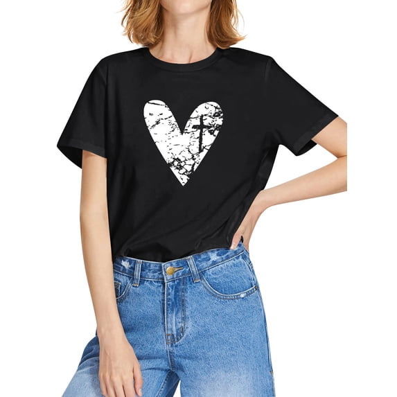 ManHanLi Women Heart Print Crew Neck Short Sleeve T-Shirt