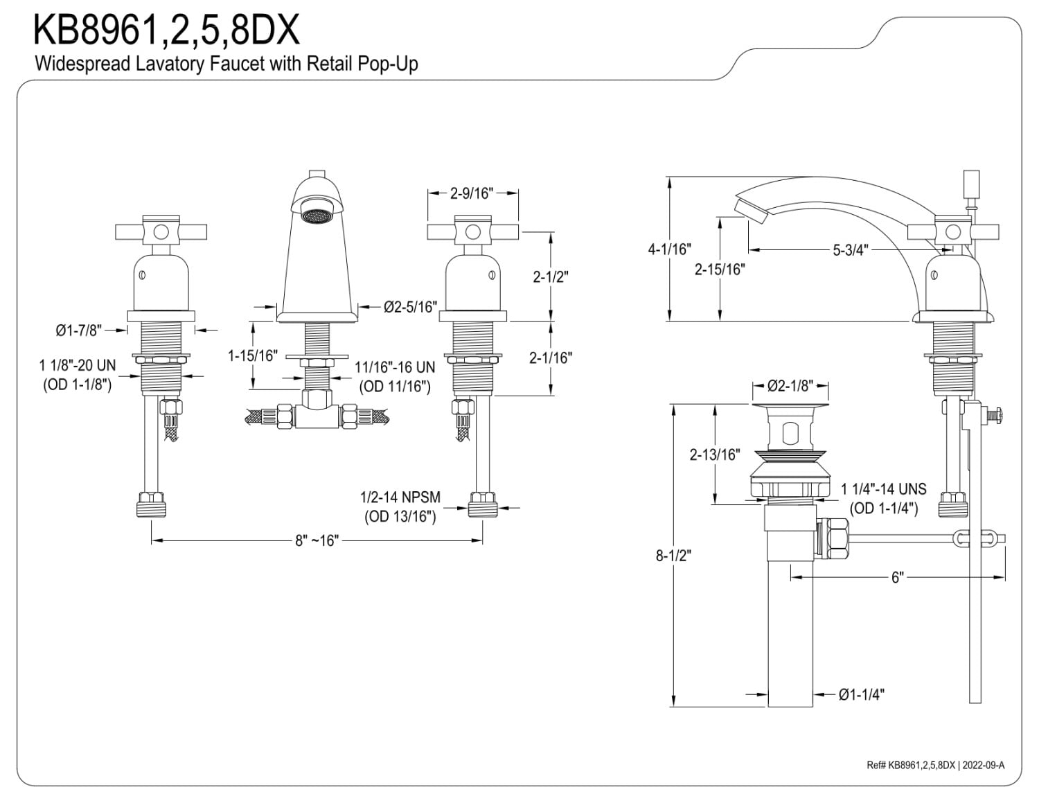 Kingston Brass KB8961DX 8 in. Widespread Standard Mount Bathroom Faucet, Polished Chrome