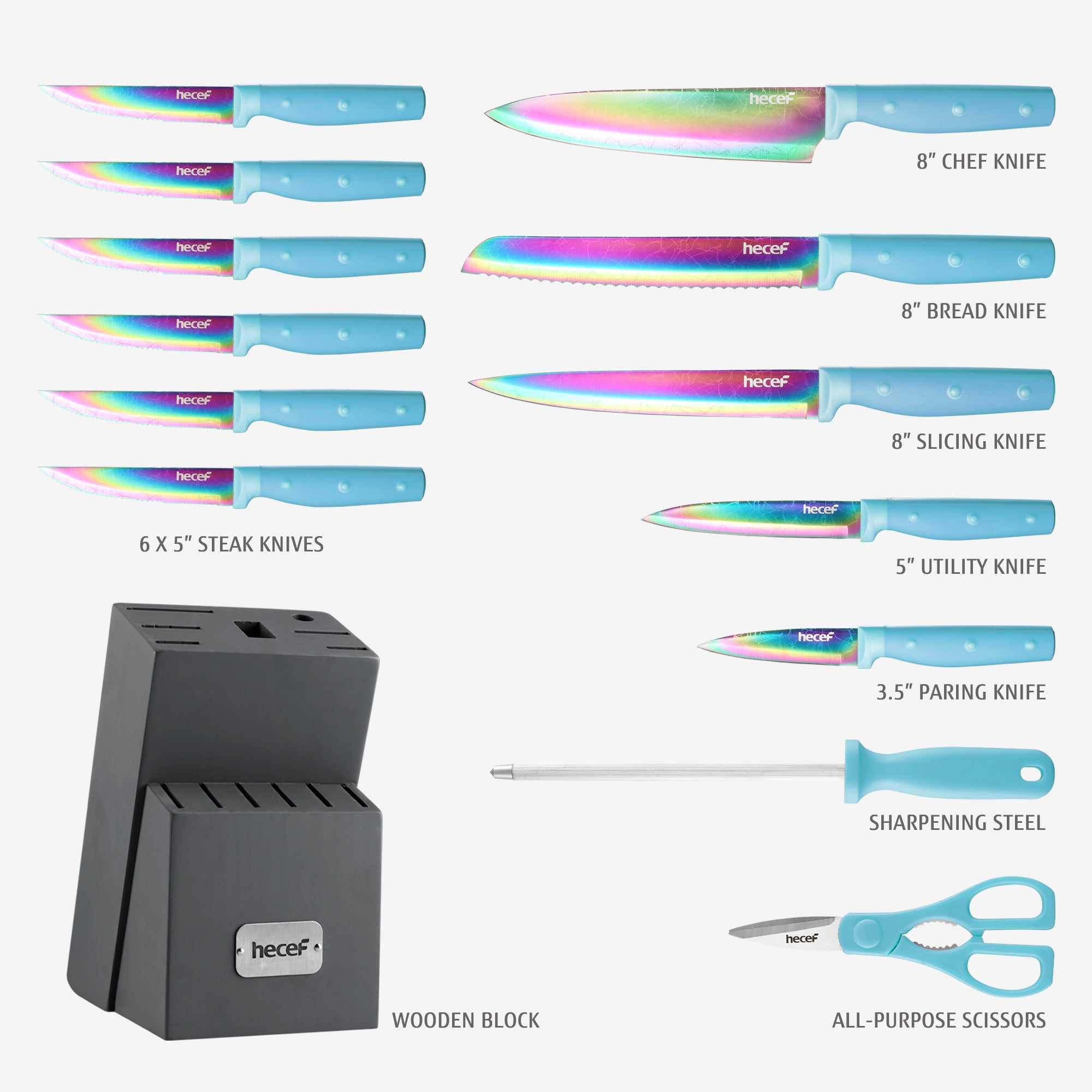 Hecef 14 Pieces Knife Set with Wooden Block, Rainbow Titanium Coated Chef Steak Knife,Sharpener