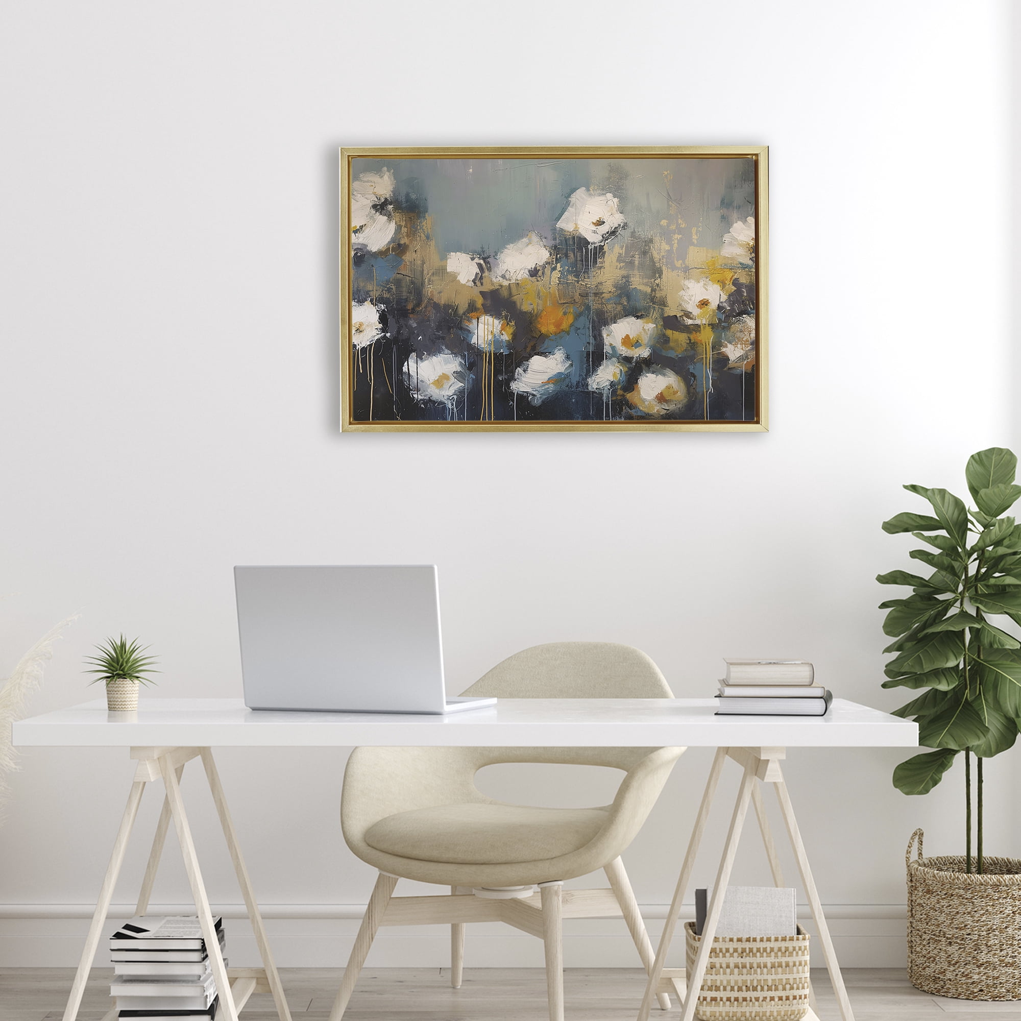 Stupell Industries Contemporary Paint Drip Blossoms Gold Framed Floater Canvas Wall Art, design by Jacky Ngan