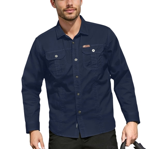 Sewkxo Men's Long Sleeve Work Shirt Casual Loose Fit Button Down Shirts with 2-Pocket for Outdoor Safari,Dark Blue 2XL