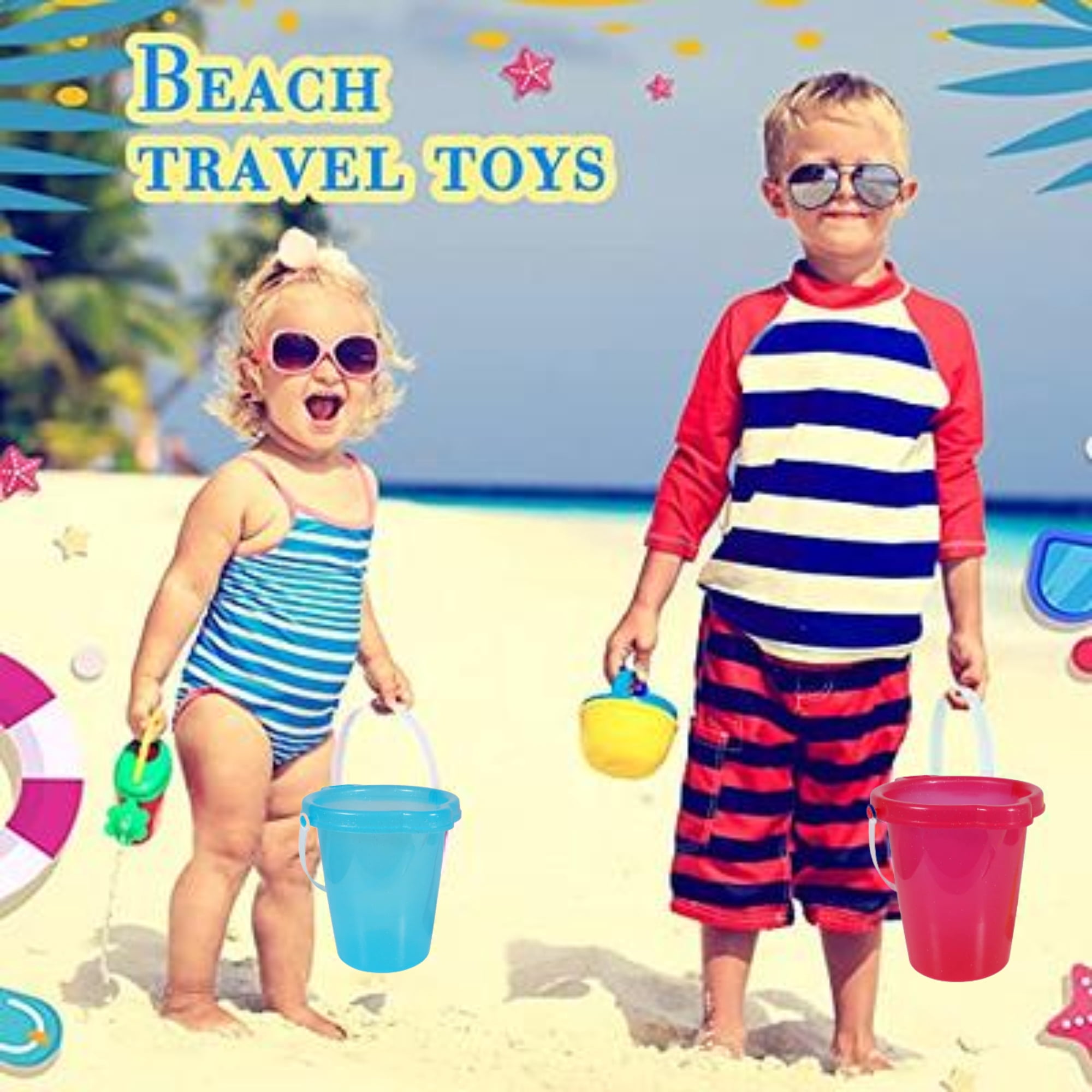 Glittery Plastic Beach Pails with Shovels 7 inches for Kids Sand Castle Bucket Mold Pail Summer Outdoor Pool Toys Practical Gift Party Favor & Prize Set of 4 Color Varies & CUSTOM Storage Carrier