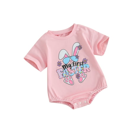 

EYIIYE Baby Girls Easter Short Sleeve Crew Neck Letter Bunny Print Romper