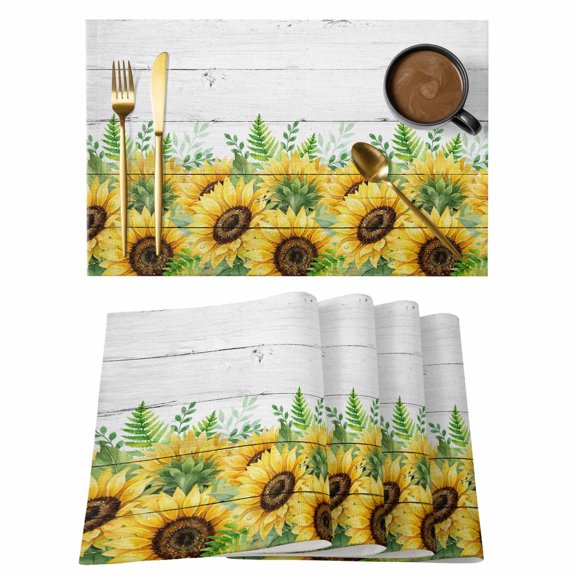 Summer Sunflowers Placemats Set of 4 Botanical Blooms Florals Wooden Grain Place Mats Indoor Wipeable Table Mats Washable Cloth Dining Table Placemats for Kitchen Holiday Party Home Decor 13x19 Inch
