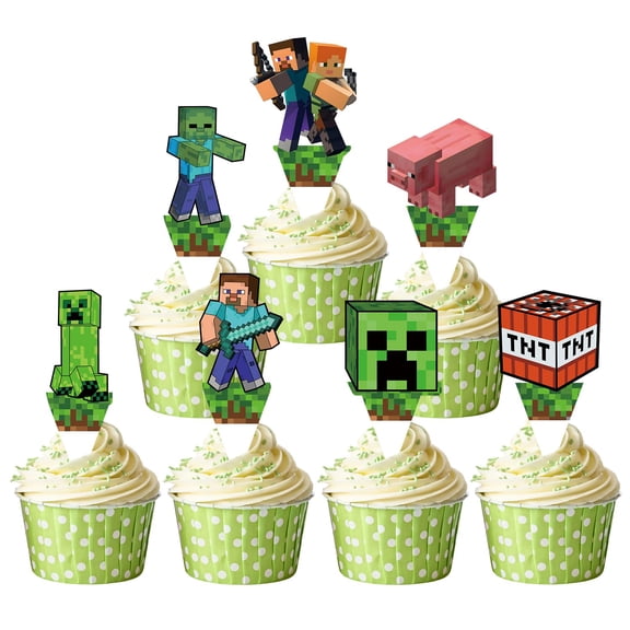 Pixel Miner Style Cupcake Toppers 14PCS – Mine Video Game Theme Decorations for Kids Birthday, 7 Designs Cake Picks for Boys and Girls, Birthday Party & Dessert Table Supplies