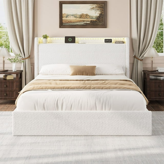 GloryStar Full/Queen Size Boucle Bed Frame, LED Light Headboard, Charging Station, 4 Storage Drawers, and Storage Shelf, Easy Assembly