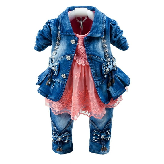 Peacolate Spring Autumn Infant Baby Girl Denim Clothing Sets 3 pcs Long Sleeve T-Shirt Denim Jacket and Jeans Trousers Pants,Orange,6-12Months