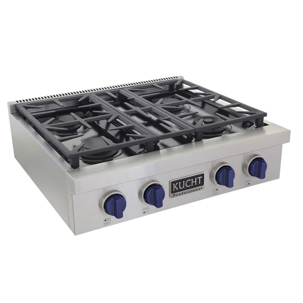 Pemberly Row 30" Natural Gas Range Top in Stainless Steel with Royal Blue Knobs