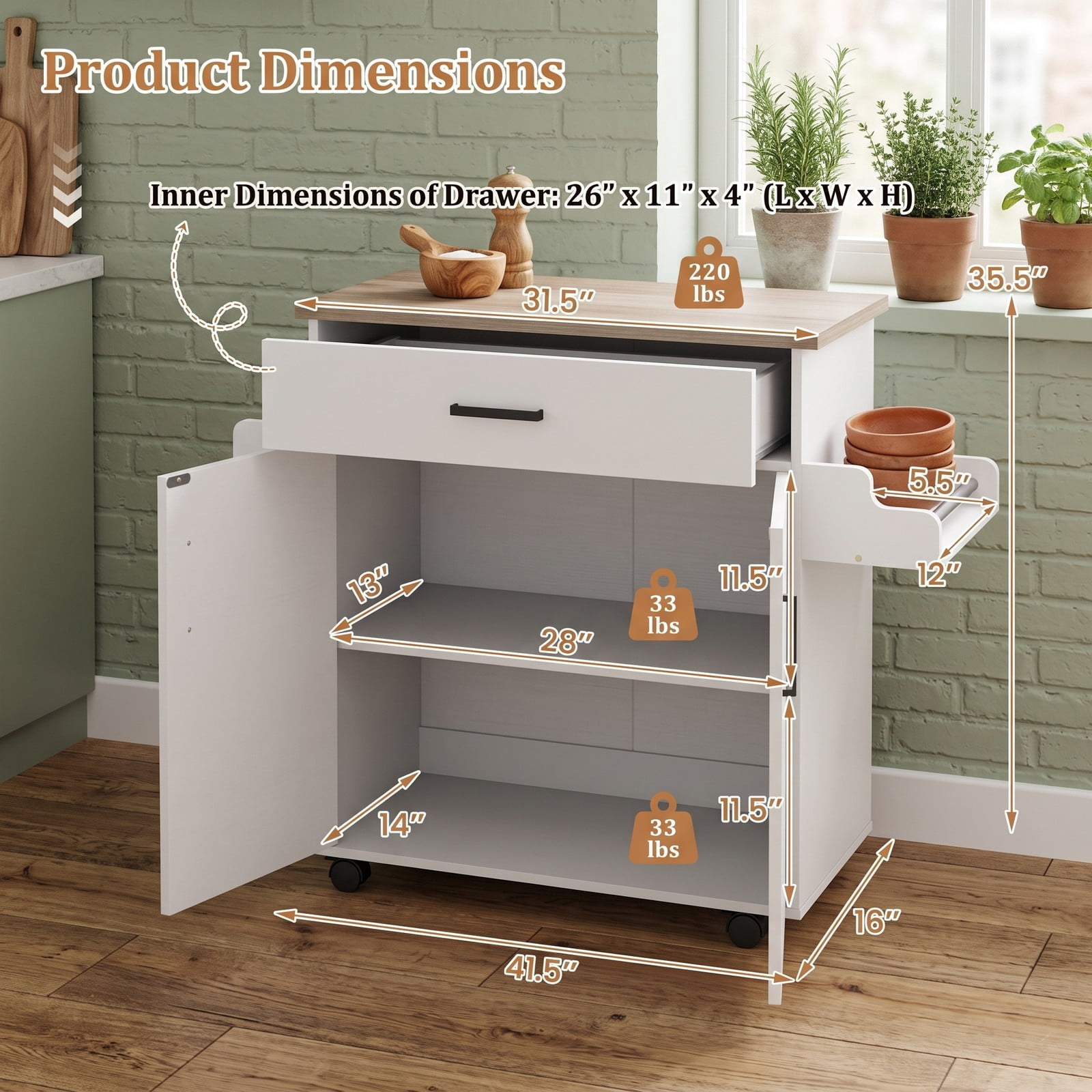 Furnibear Rolling Kitchen Island Cart with Storage Drawer, 2-Tier Cabinet, Spice Rack and Towel Bar, Portable Utility Cart on Locking Wheels for Kitchen Dining, White