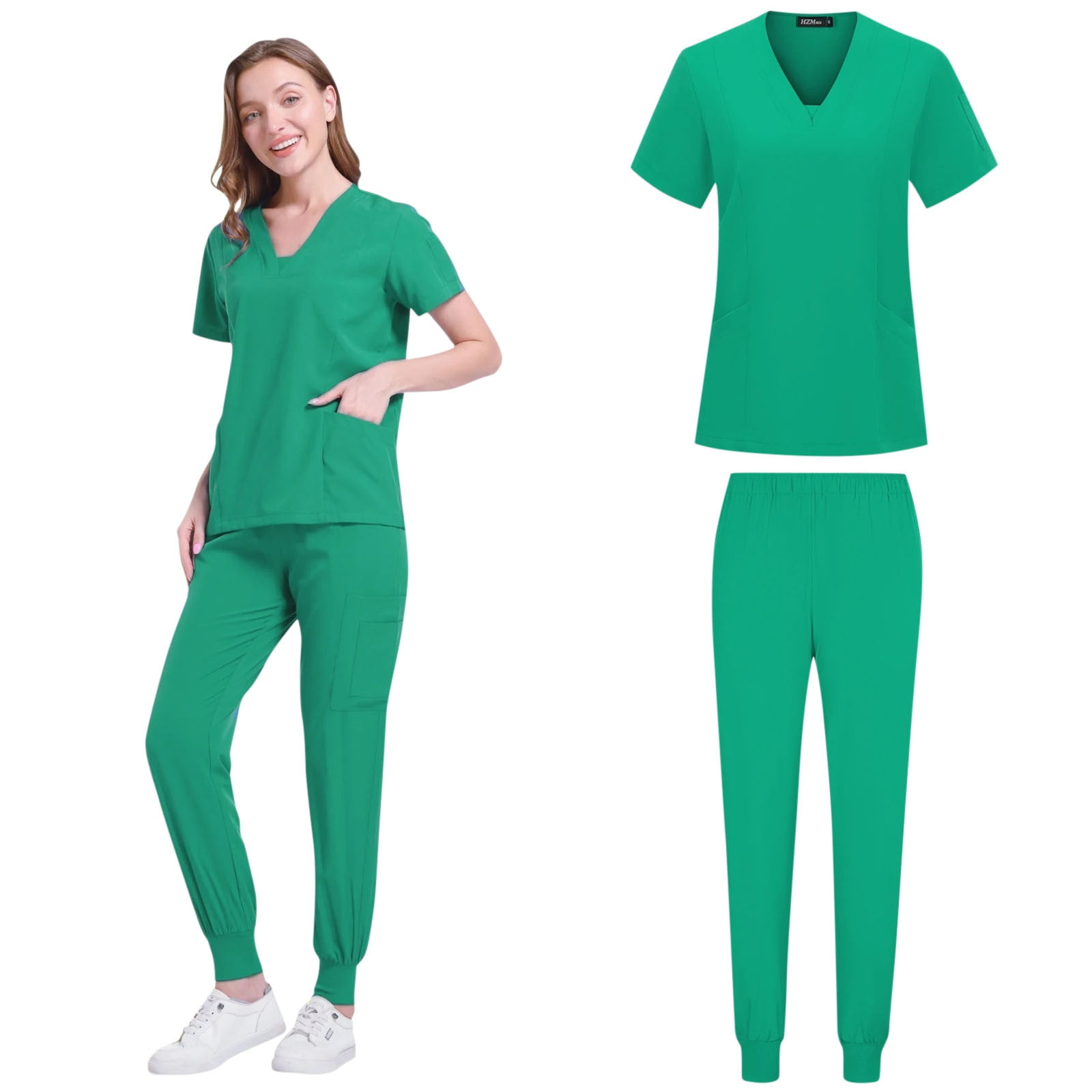 Women Athletic Scrub Set - Stretch V-Neck Top & Multi-Pocket Cargo Joggers, Easy Care Comfortable Nursing Workwear