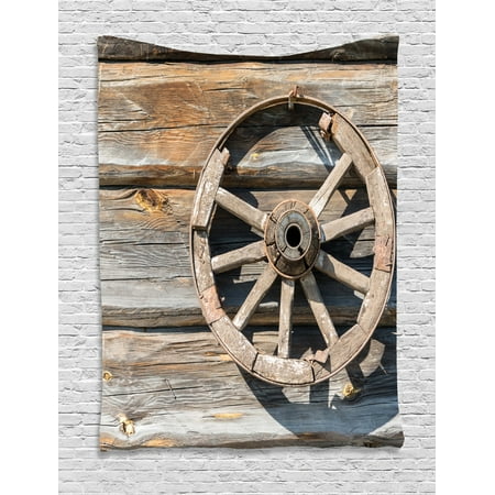 Barn Wood Wagon Wheel Tapestry Old Log Wall With Cartwheel Telega