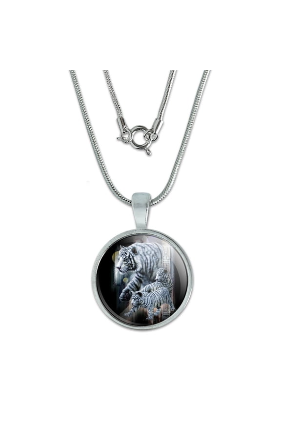White Bengal Tigers 0.75" Pendant with Sterling Silver Plated Chain