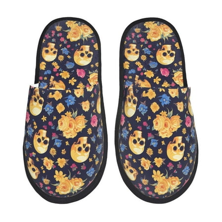 Balery Skull gold flower Slient Indoor Furry Fleece Comfort House Shoes Soft Non-Slip Home Shoes Cotton slippers House Slippers-- Medium