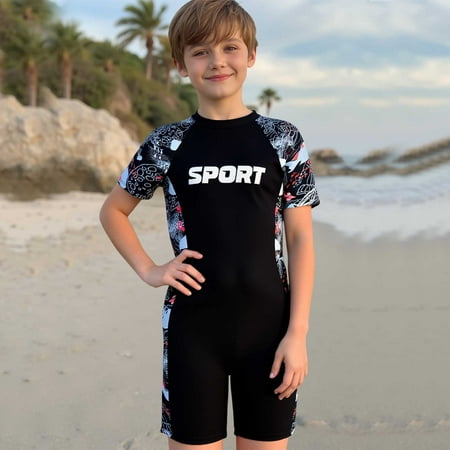 Boys 2 Piece Active Letter Print Short Sleeve Rash Guard Swimsuit Set with Swim Shorts UPF 50+ Summer Beach Outfit Size 7-8Y