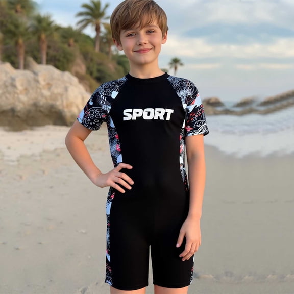 Baby Boy Swimsuit Quick Drying 1 Piece Zipper Kids Swimsuits Cute Cartoon Print Water Sport Suit Toddler Summer Swimwear Black Size 7-8 Years