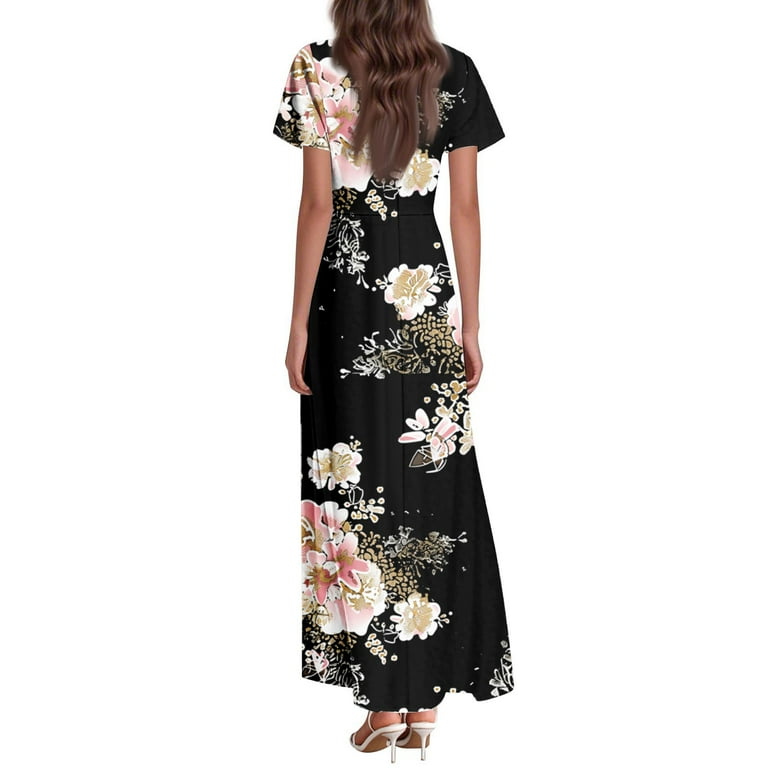Linen Dresses For Women 2025, Wedding Guest Easter Dresses Chiffon Floral  Short Sleeve Ruffle V Neck Flowy Maxi Dress Plus Size Formal Curvy Womens  Summer Maxi Dresses Clothes (L, Dark Gray) ZMTing -