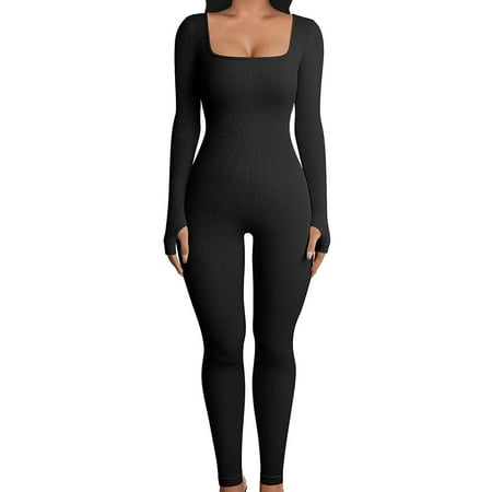 

Women Ribbed Knit Jumpsuit Long Sleeve Square Neck Bodycon Romper Casual Solid Color One Piece Bodysuit