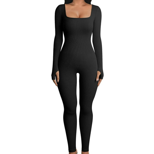 Gupgi Women Long Sleeve Yoga Jumpsuits Workout Ribbed Bodycon Romper One-Piece Sport Bodysuit