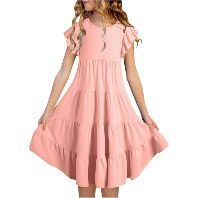 PMVFHDE Robes Filles Robes d'Été Filles Manches Volantées à Double Couche Robe Fluide Ligne A Décontractée Dégradé Robes Midi Rose,14-15 Ans