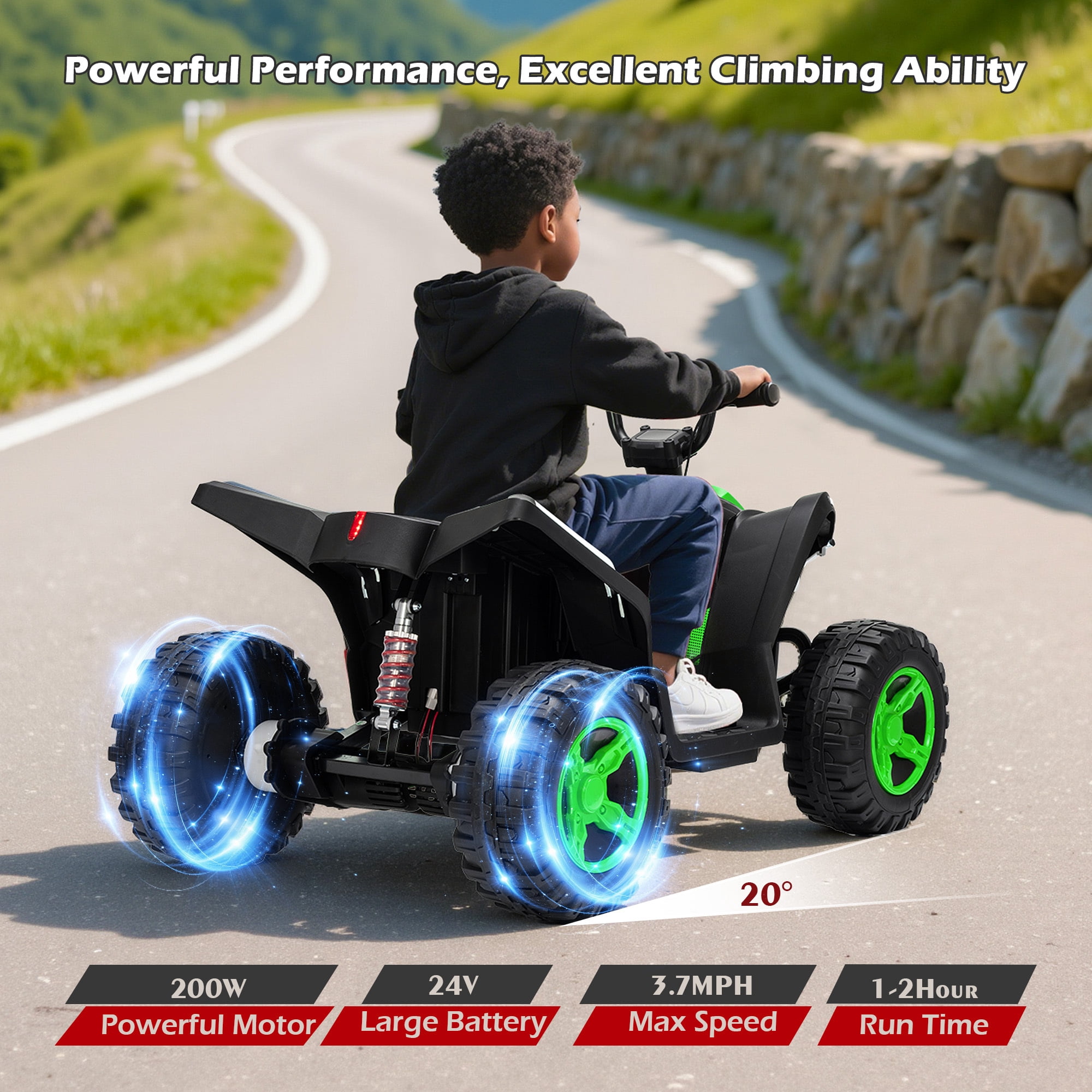 Letsgokid Kids ATV 4 Wheeler, 24V 2 Seater Electric ATV Ride On Toy for Big Kids with 110lb Weight Capacity, 200W Motor, 3.7Mph Max Speed, Spring Suspension, LED Lights, Music