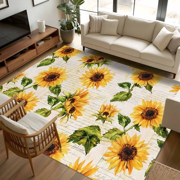 8x10 Area Rugs Retro Sunflower Non-Skid Rubber Backing Large Rectangle Rugs - Living Room Bedroom Home Office, Watercolor Letter Flowers Indoor Floor Mat Carpets Washable Rug