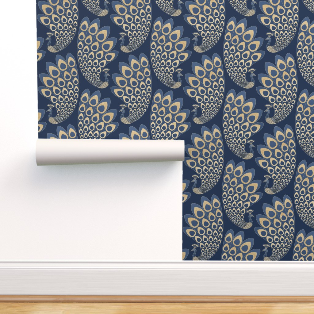 Peel-and-Stick Removable Wallpaper Peacock Blue Golden Art Deco Gold