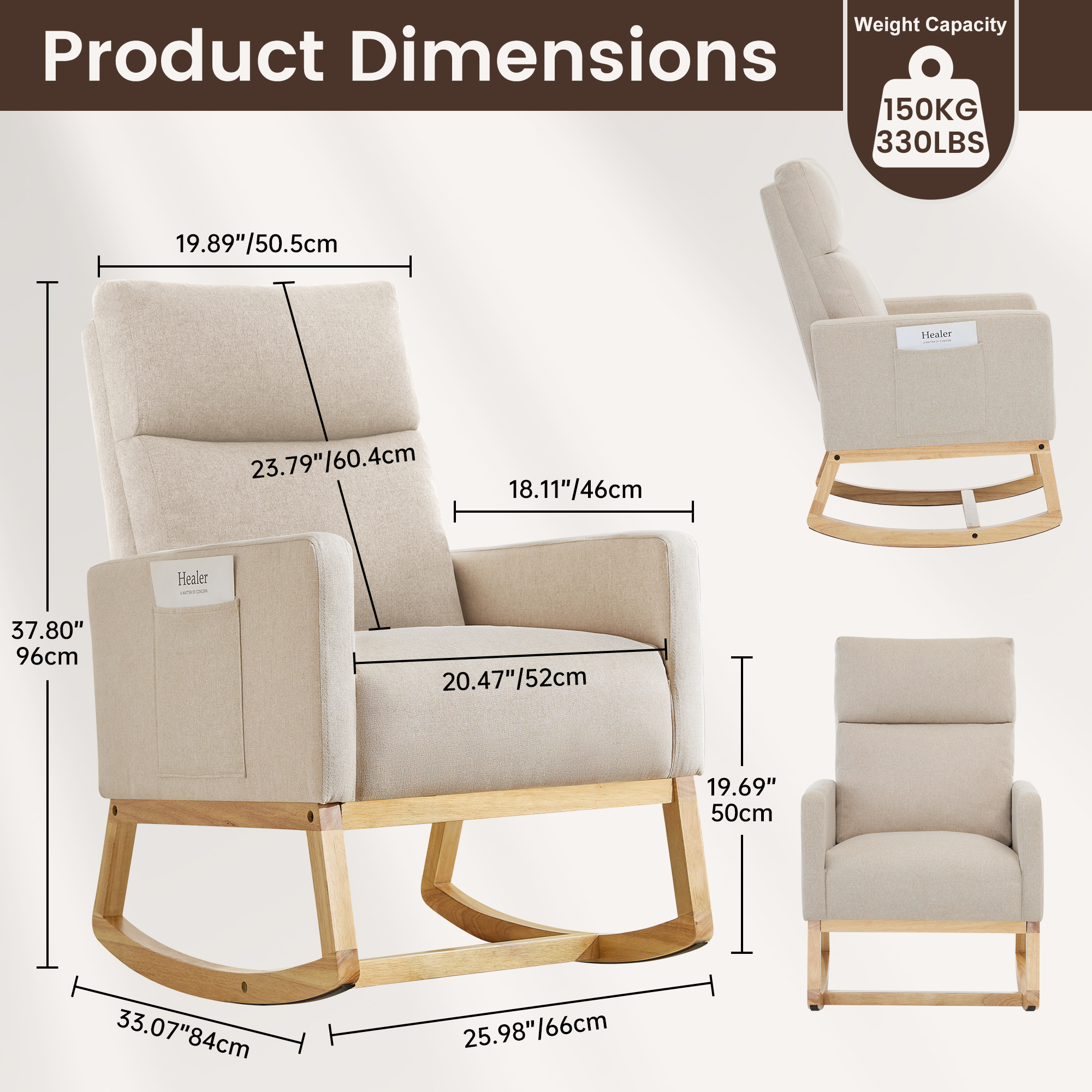SAETSFEG Rocking Chair Nursery, Comfortable Upholstered Glider Rocker Chairs Indoor for Adults, Mid-Century Modern Nursing Accent Rockers for Living Room, Bedroom, Beige