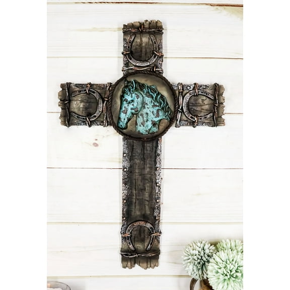 Rustic Western Lucky Horseshoes Turquoise Horse Barbed Wires Wall Cross Decor