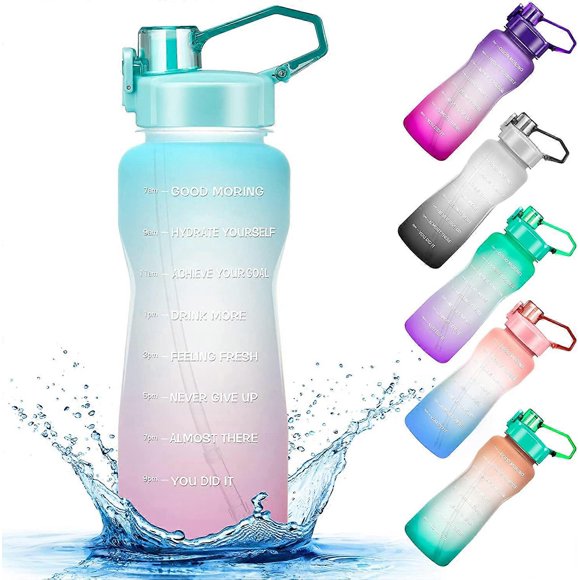 Half Gallon/64 oz Water Bottle, Large Motivational Water Bottles with Time Marker & Straw, 100% Spill Proof BPA Free Tritan Water Jug, for Fitness, Gy