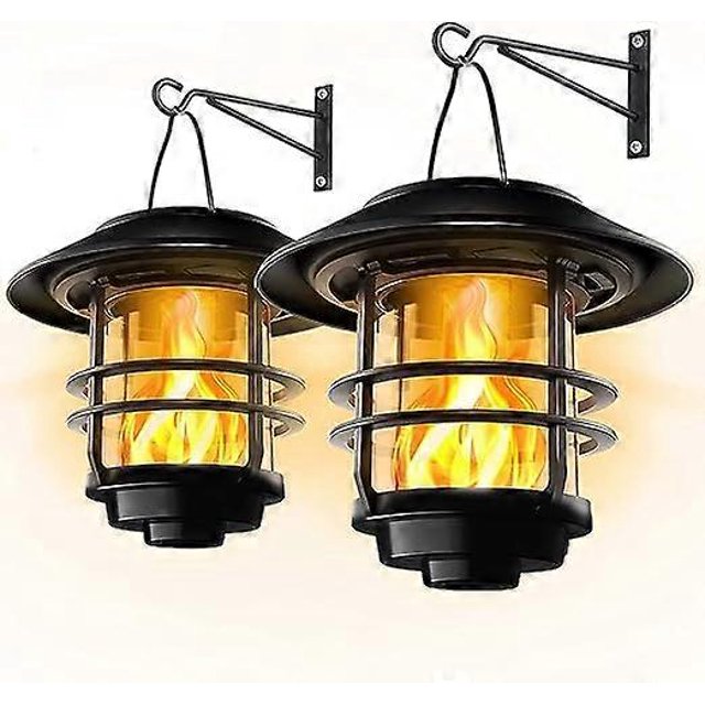 Solarlampor för Utomhus Trädgård, Glas och Metall IP65 Vattentät, Flimrande Lågor Vägglampor, 2-pack Hängande Väggfäste för Veranda, P (FMY)