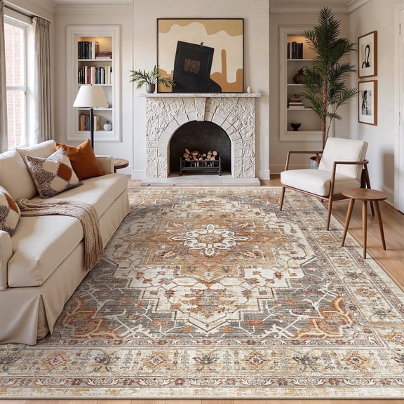 Roxstand Washable Area Rugs 8x10, Stain Resistant Lightweight Vintage Rugs for Living Room, Non Skid Farmhouse Bedroom Rugs(8'x10', Vintage01-Turmeric)