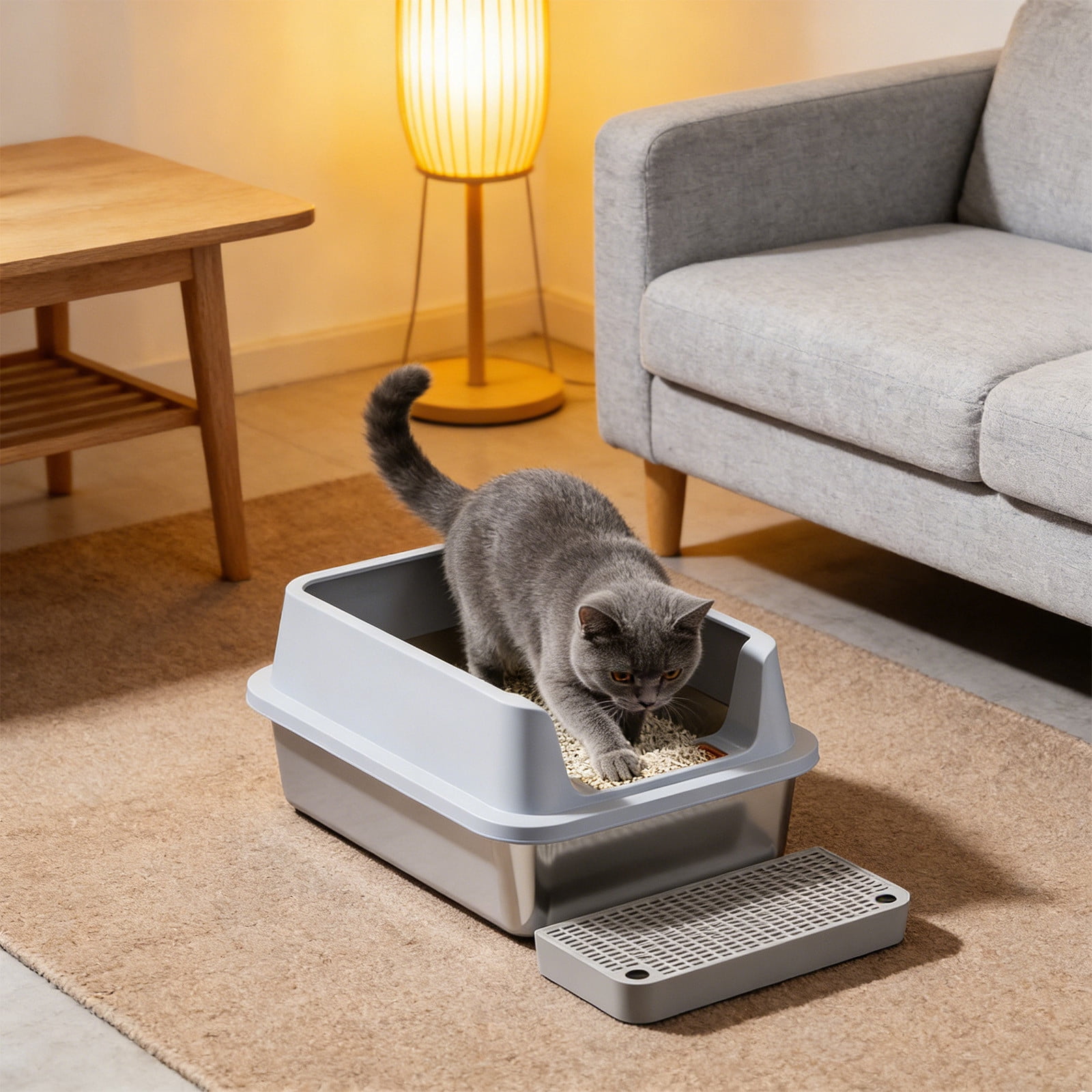 Stainless Steel High Sided Litter Box For Cats, Odor Resistant Easy Clean Pet Toilet With Step Platform And Scoop, Durable Cat Litter Tray Solution