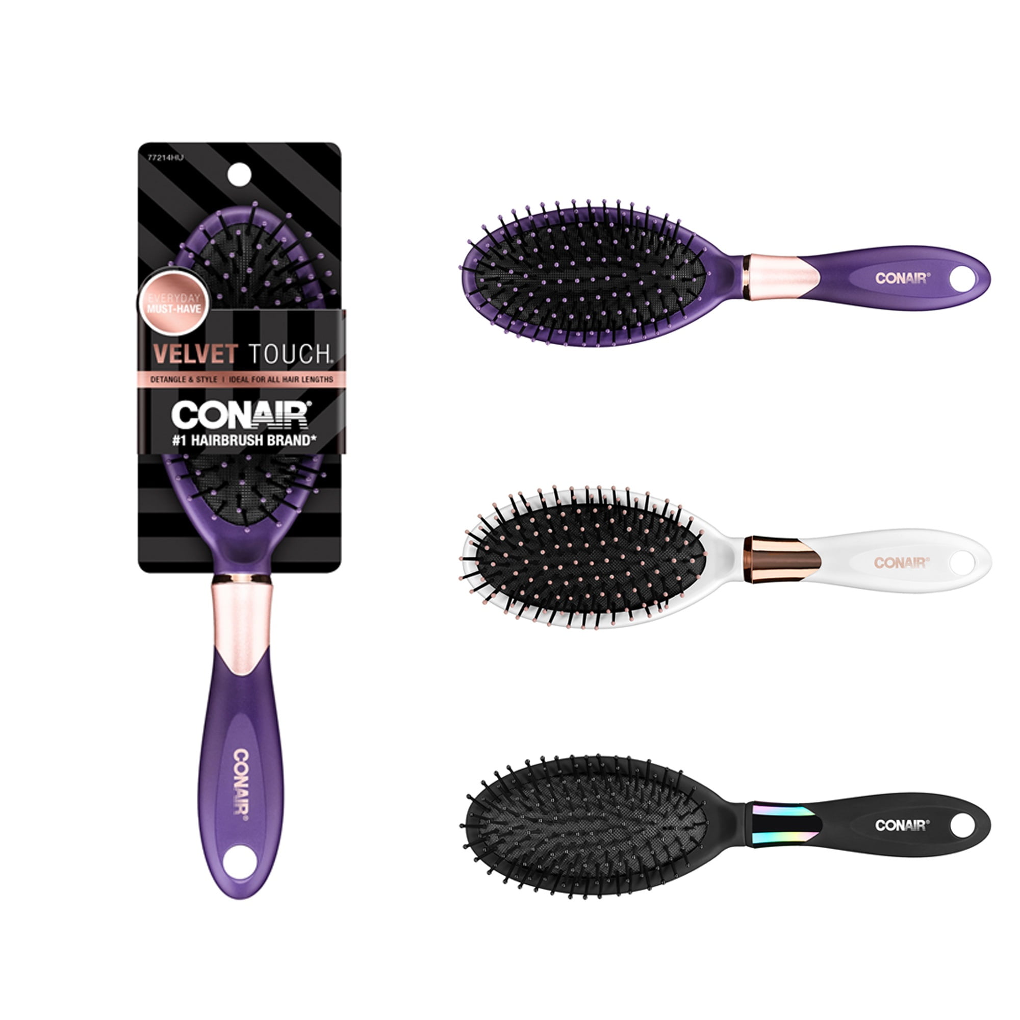 Conair Velvet Touch Cushion Hairbrush, Nylon Bristles, Soft-Touch Handle for Everyday Brushing (Colors Vary), 1ct