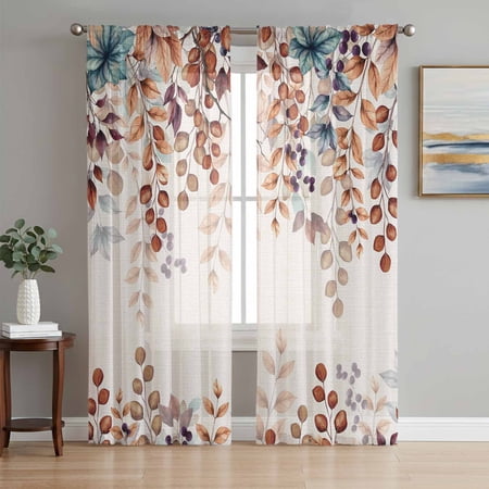 Orange Eucalyptus Leaves Semi Sheer Curtains 63 Inch Length 2 Panels Set Botanical Fall Rustic Beige Sheer Kitchen Curtain Privacy Voile Window Curtain for Living Room Bedroom Rod Pocket Drapes