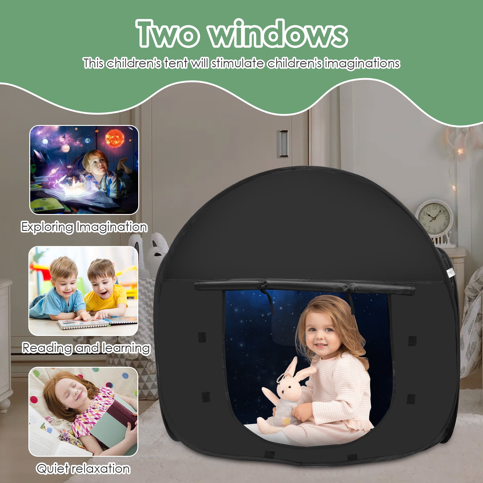 AEVXKHI Pop Up Blackout Calming Tent with 2 Windows, Easy to Set Up, Foldable Calm Down Black Tent, Comfortable Accommodate 1 to 2 People Calm Corner Tent for Kids