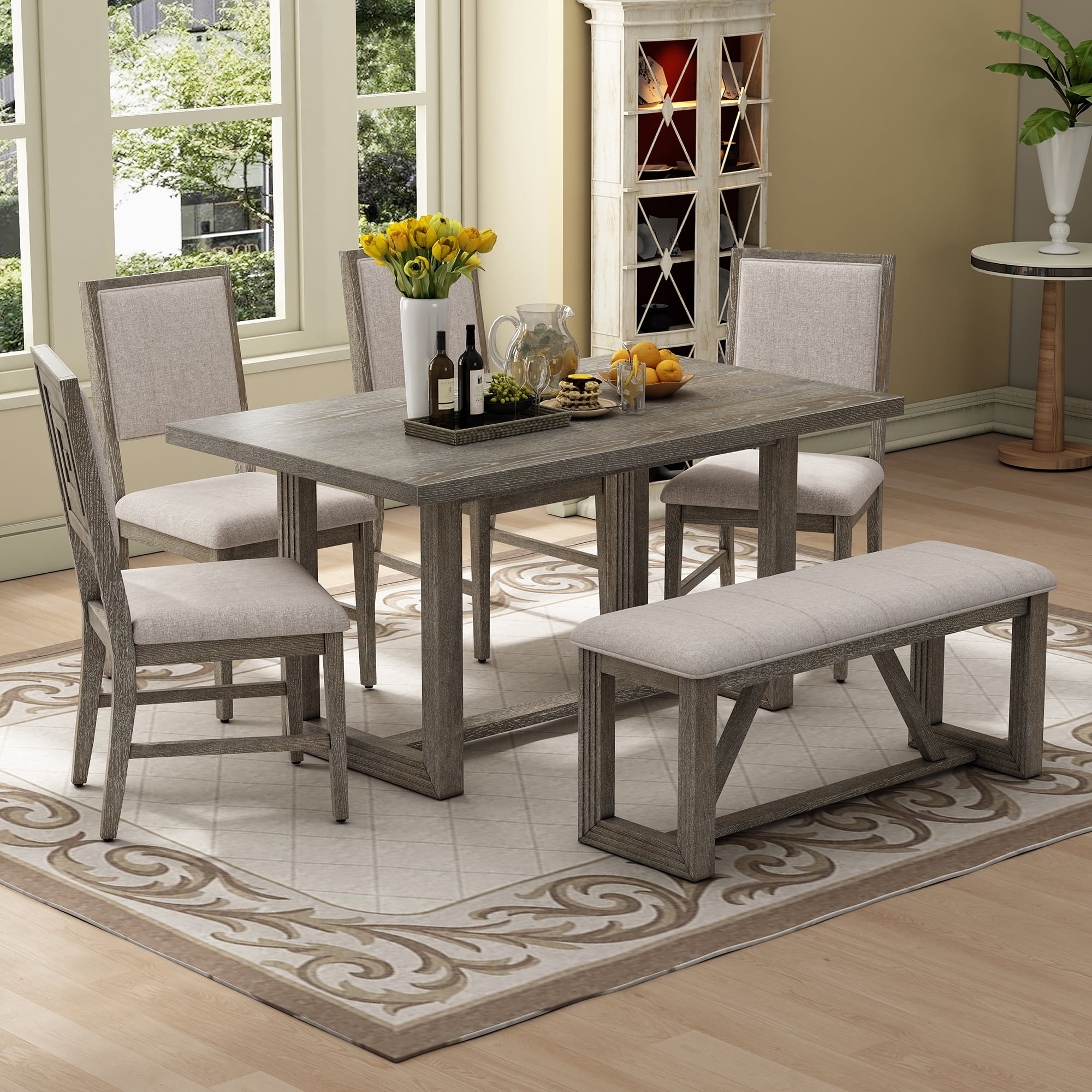 MAYEERTY 6-Piece Retro Dining Table Set for 6, 60" Wood Kitchen Table and Chairs Set of 4 with Bench Designed Trestle Base for kitchen & Dining Room (Gray)