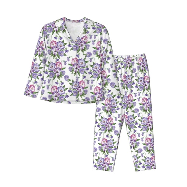Balery Violets Flowers Conjunto de Pijama con Estampado para Mujer, Conjunto de Dos Piezas con Manga Larga, Ropa de Dormir Suave con Bolsillos, Pijamas Cómodos-Small