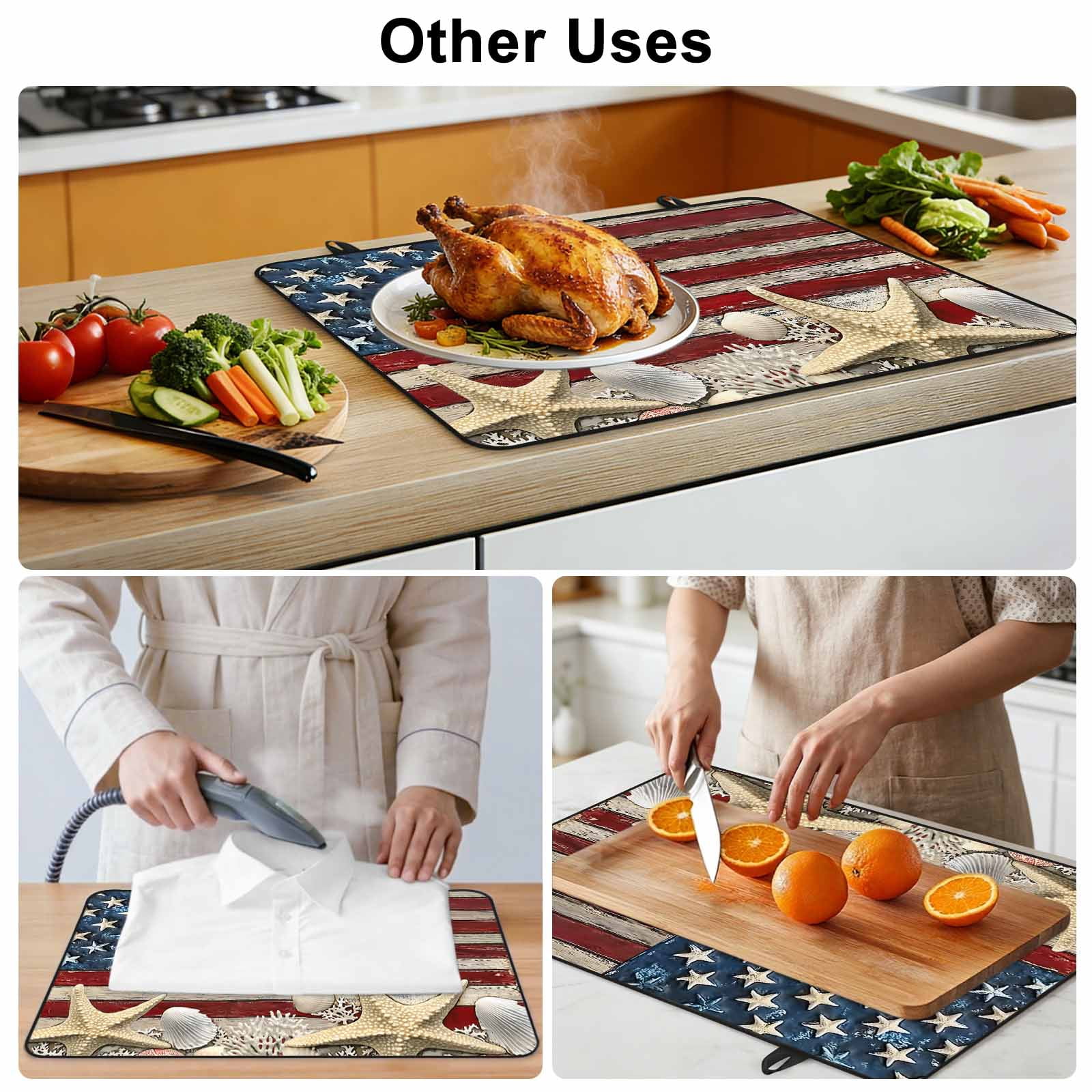 Coastal American Flag Stove Top Cover for Electric Stove, Heat-proof & Non Slip Glass Top Stove Cover Protector, Starfish Shell Vintage Kitchen Flat Cooktop Rubber Mat 24x21 Inches