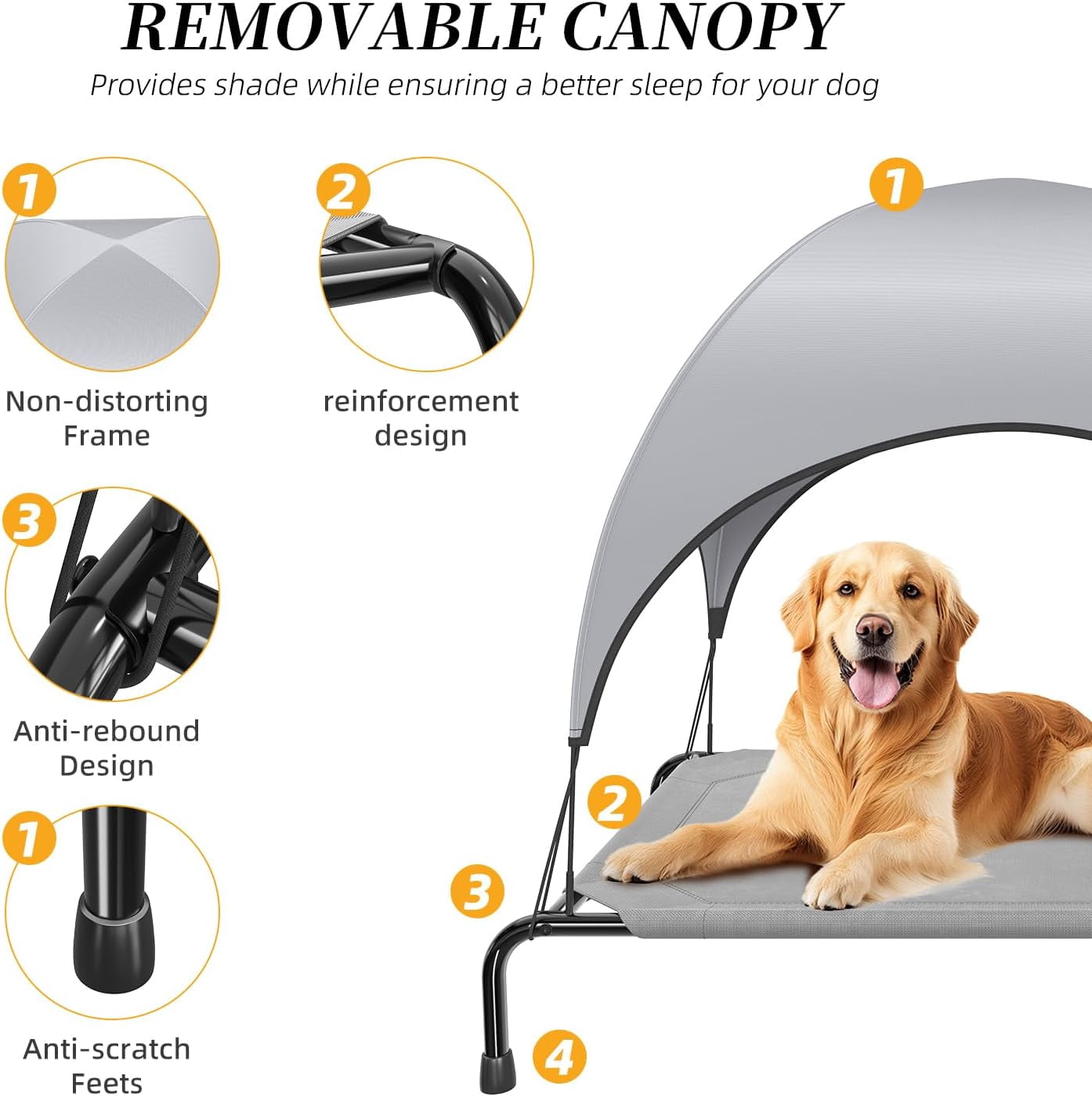 General Raised Dog Bed for Large Dogs with Canopy, Waterproof Elevated Dog Bed, Breathable Big Pet Cot, Grey
