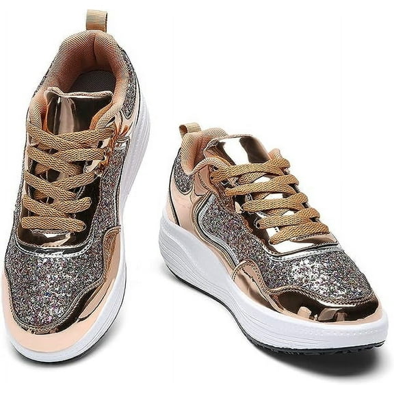 kkdom Women's Walking Shoes Running Breathable Mesh Comfort Lightweight Wedge Platform Sneakers Gold Size 8.5