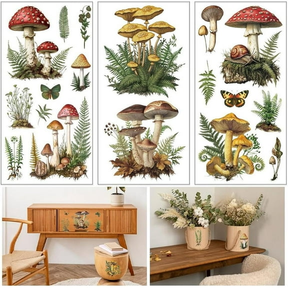 3 Sheets Vintage Mushrooms Furniture Transfer 6x12inch Fern and Butterfly Rub on Transfer Self-Adhesive Wall Art Decals for DIY Bedroom Living Room Desk Table Decoration
