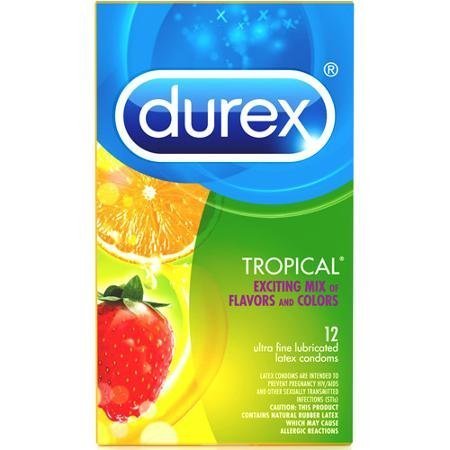 Durex Tropical Flavors + Silver Lunamax Pocket Case, Strawberry, Apple, Orange, Banana Flavored Lubricated Latex Condoms-12 Count